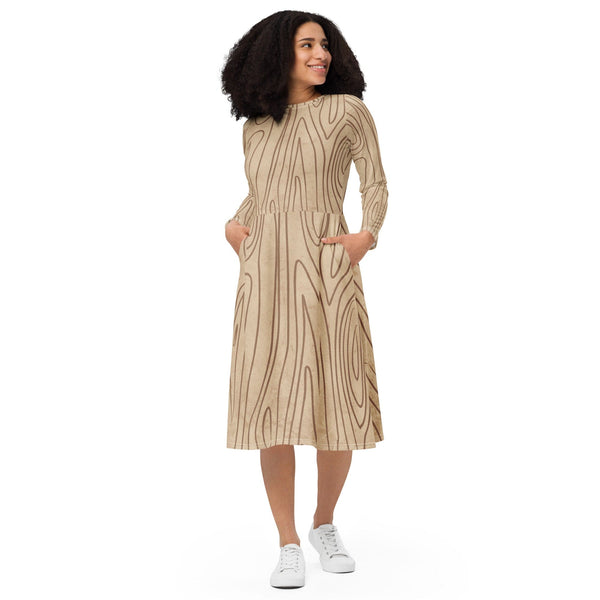 Womens Long Sleeve Midi Dress - Beige Brown Tree Sketch Lines-0