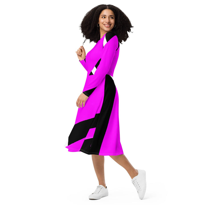 Womens Long Sleeve Midi Dress - Black and Pink Pattern 2-2