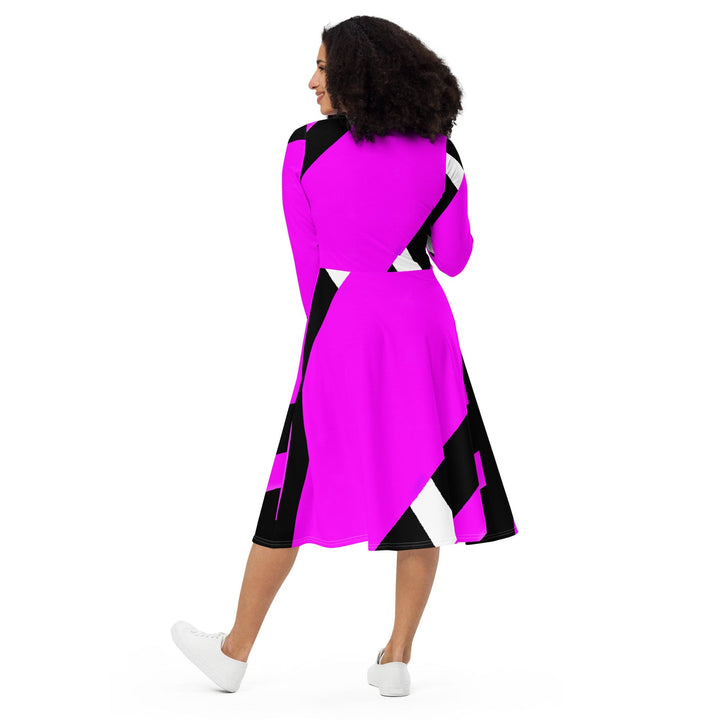 Womens Long Sleeve Midi Dress - Black and Pink Pattern 2-1