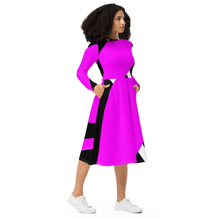 Womens Long Sleeve Midi Dress - Black and Pink Pattern 2-3