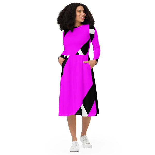 Womens Long Sleeve Midi Dress - Black and Pink Pattern 2-0