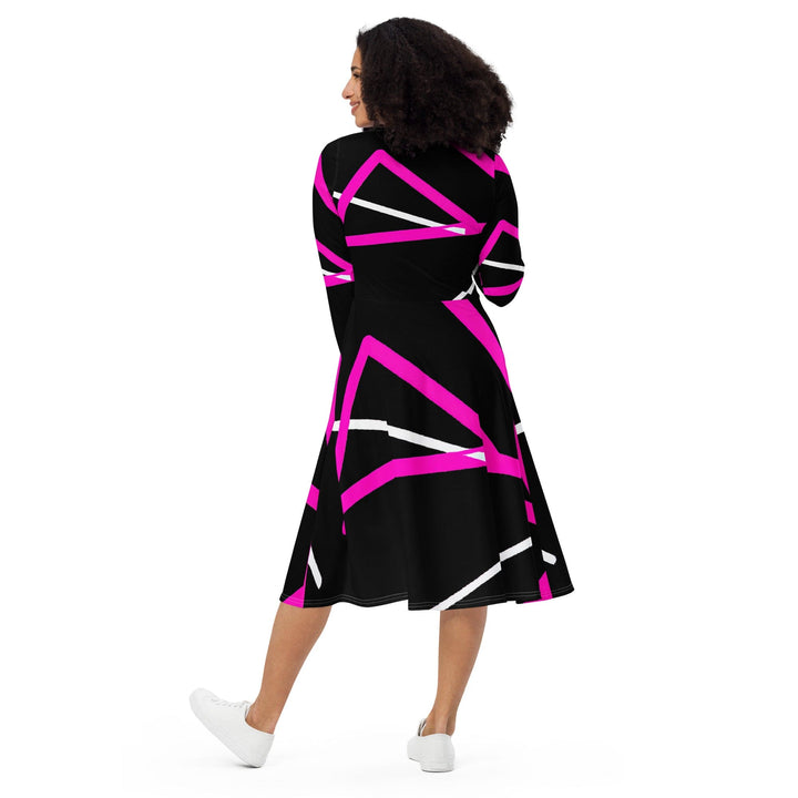 Womens Long Sleeve Midi Dress - Black and Pink Pattern-1