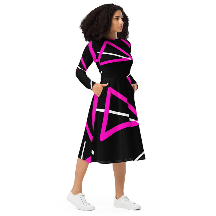 Womens Long Sleeve Midi Dress - Black and Pink Pattern-3