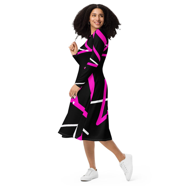 Womens Long Sleeve Midi Dress - Black and Pink Pattern-2