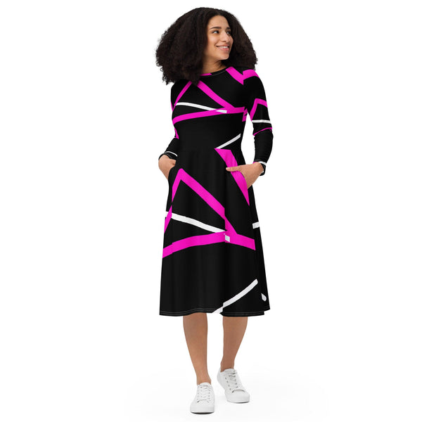 Womens Long Sleeve Midi Dress - Black and Pink Pattern-0