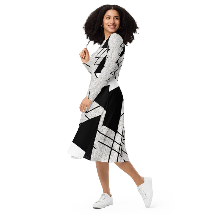 Womens Long Sleeve Midi Dress - Black and White Ash Grey Triangular-2