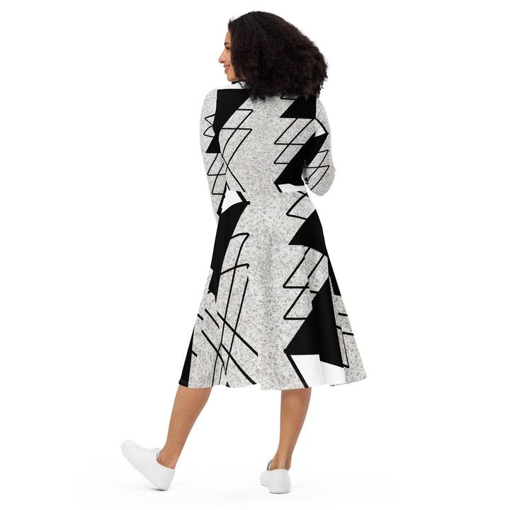 Womens Long Sleeve Midi Dress - Black and White Ash Grey Triangular-4