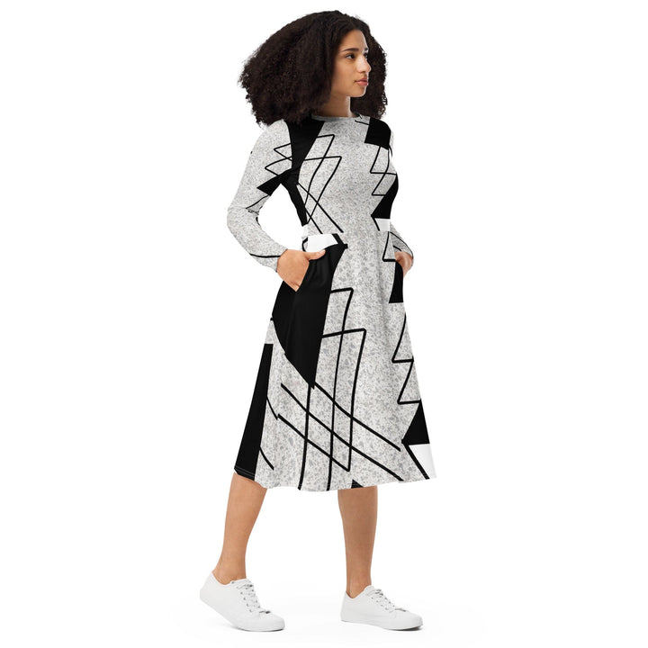 Womens Long Sleeve Midi Dress - Black and White Ash Grey Triangular-3