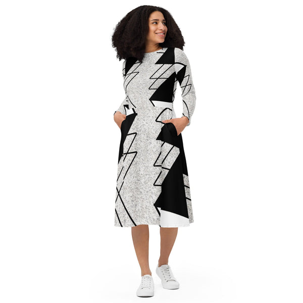 Womens Long Sleeve Midi Dress - Black and White Ash Grey Triangular-0