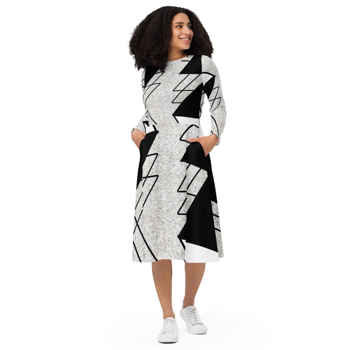 Womens Long Sleeve Midi Dress - Black and White Ash Grey Triangular-0