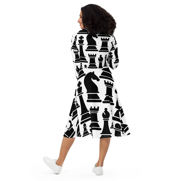 Womens Long Sleeve Midi Dress - Black and White Chess Print-4