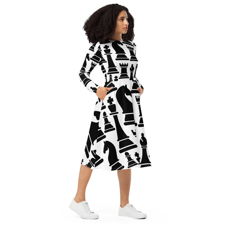 Womens Long Sleeve Midi Dress - Black and White Chess Print-3