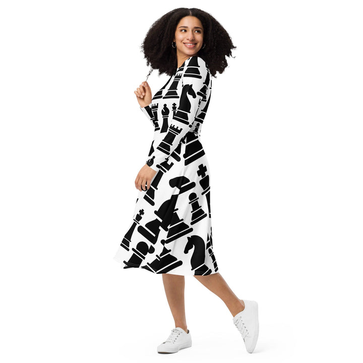 Womens Long Sleeve Midi Dress - Black and White Chess Print-2