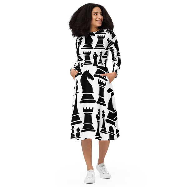 Womens Long Sleeve Midi Dress - Black and White Chess Print-0