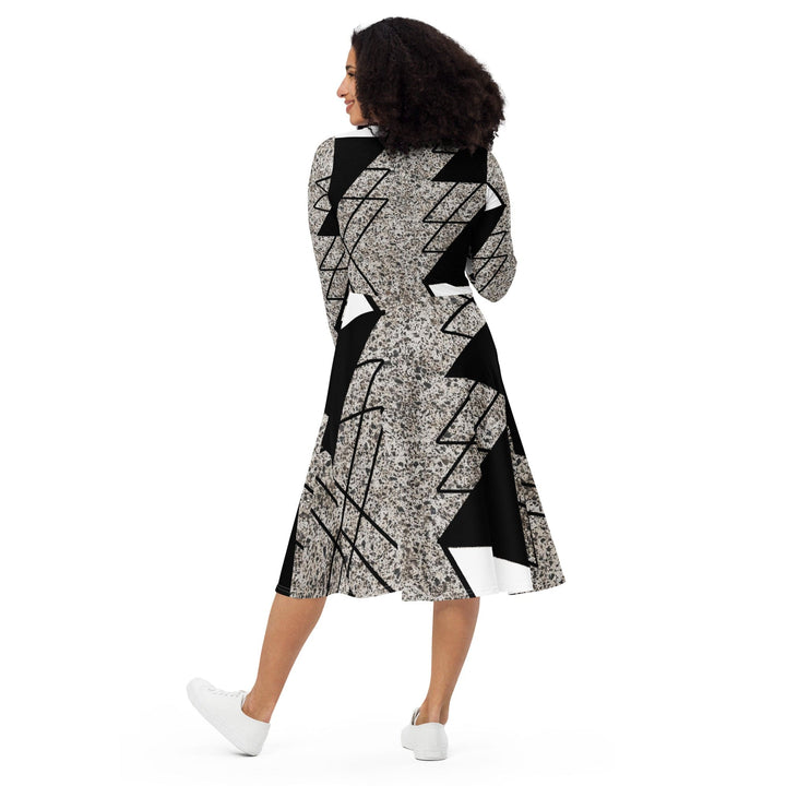 Womens Long Sleeve Midi Dress - Black and White Triangular Colorblock-4