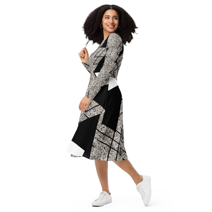 Womens Long Sleeve Midi Dress - Black and White Triangular Colorblock-2