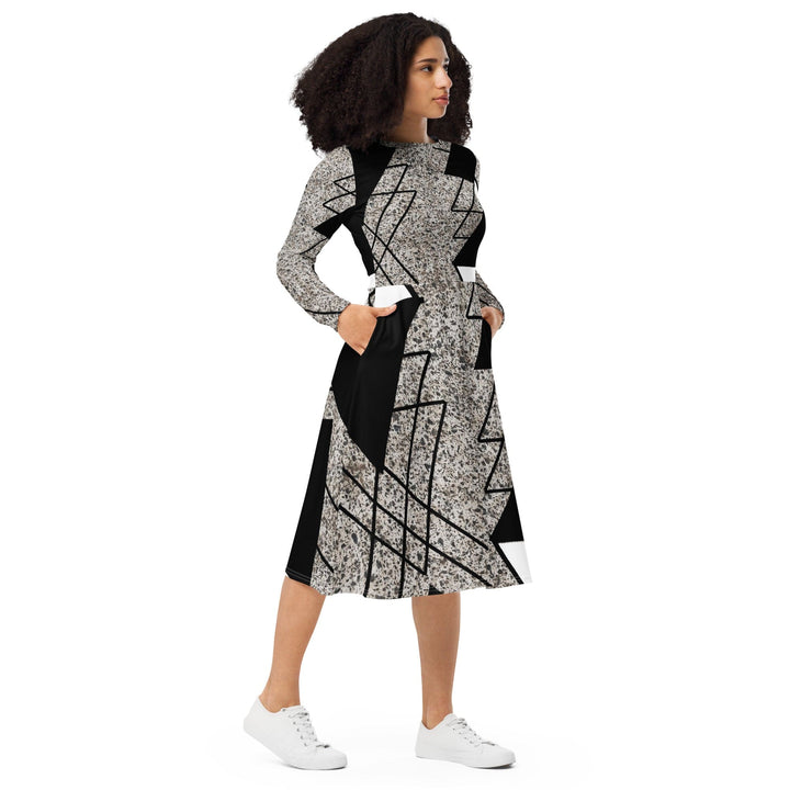 Womens Long Sleeve Midi Dress - Black and White Triangular Colorblock-3