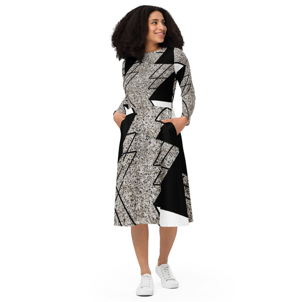 Womens Long Sleeve Midi Dress - Black and White Triangular Colorblock-0