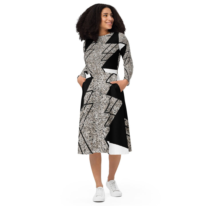 Womens Long Sleeve Midi Dress - Black and White Triangular Colorblock-0