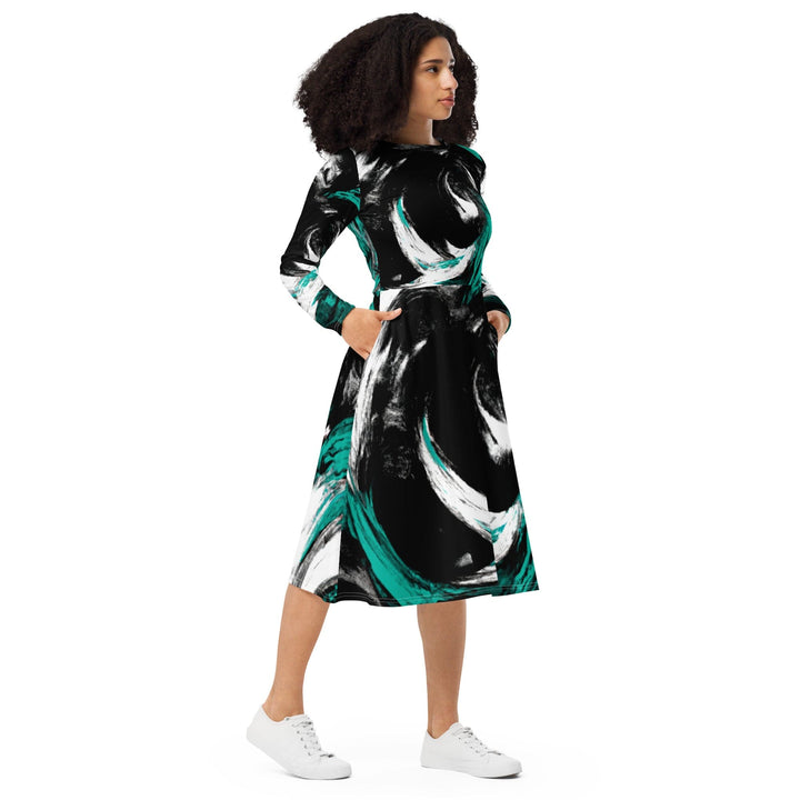 Womens Long Sleeve Midi Dress - Black Green White Abstract Pattern-3