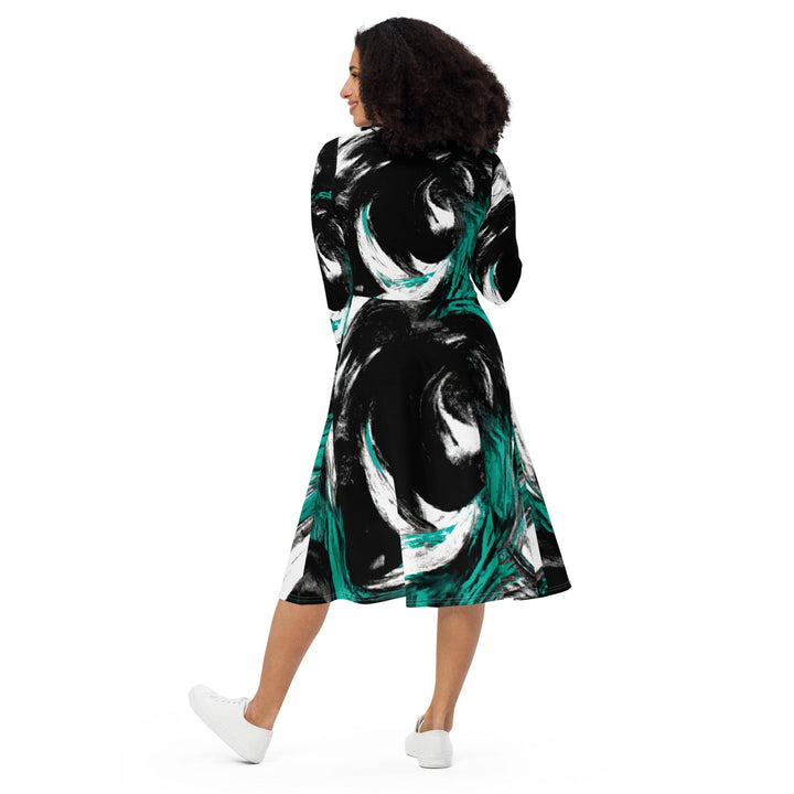 Womens Long Sleeve Midi Dress - Black Green White Abstract Pattern-1