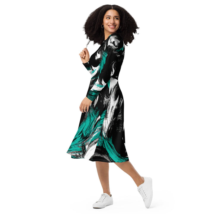 Womens Long Sleeve Midi Dress - Black Green White Abstract Pattern-2