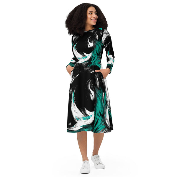 Womens Long Sleeve Midi Dress - Black Green White Abstract Pattern-0