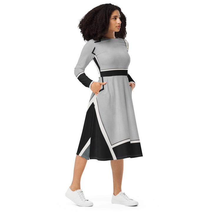 Womens Long Sleeve Midi Dress - Black Grey Abstract Pattern-3