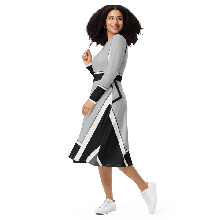 Womens Long Sleeve Midi Dress - Black Grey Abstract Pattern-2