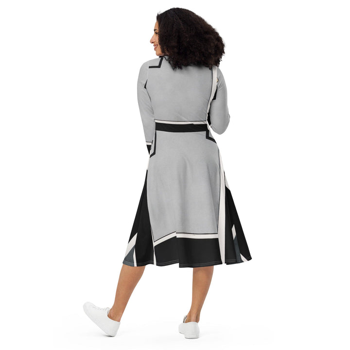 Womens Long Sleeve Midi Dress - Black Grey Abstract Pattern-1