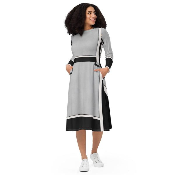 Womens Long Sleeve Midi Dress - Black Grey Abstract Pattern-0