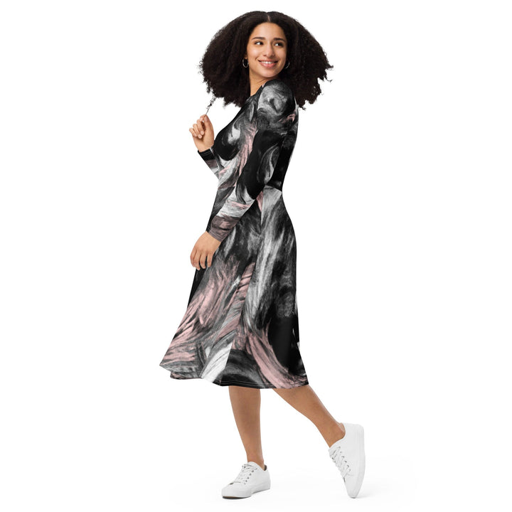 Womens Long Sleeve Midi Dress - Black Pink White Abstract Pattern-2