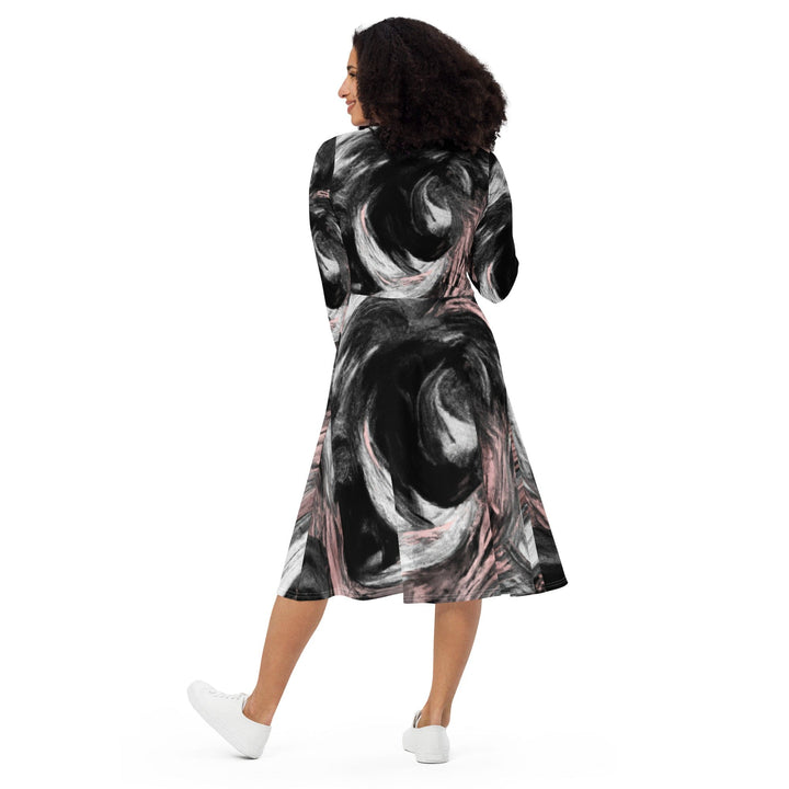 Womens Long Sleeve Midi Dress - Black Pink White Abstract Pattern-4