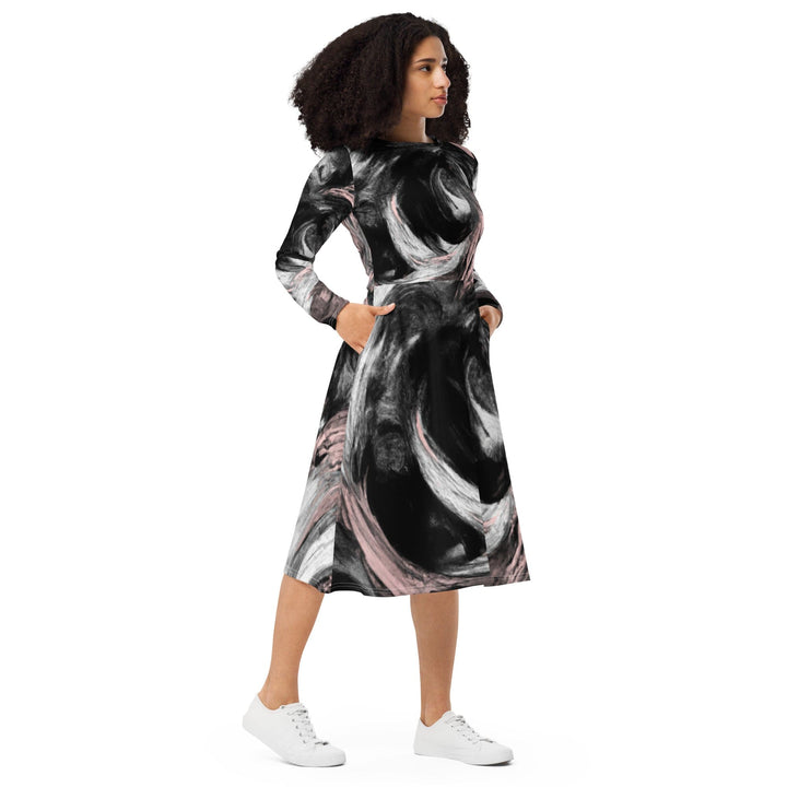 Womens Long Sleeve Midi Dress - Black Pink White Abstract Pattern-3