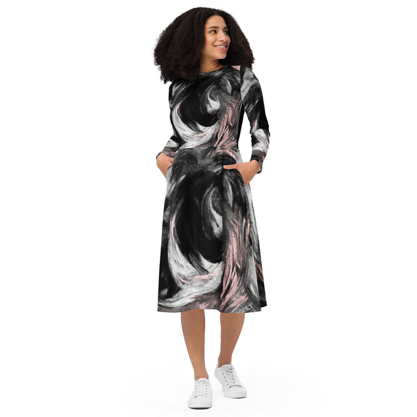 Womens Long Sleeve Midi Dress - Black Pink White Abstract Pattern-0