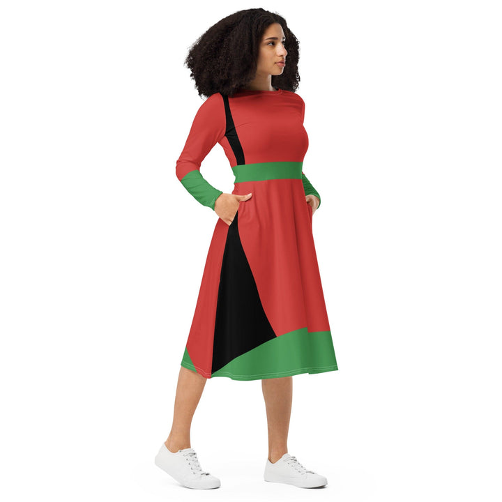 Womens Long Sleeve Midi Dress - Black Red Green Stripped 4-3