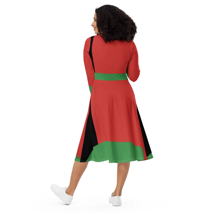 Womens Long Sleeve Midi Dress - Black Red Green Stripped 4-1