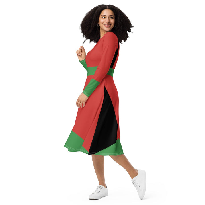 Womens Long Sleeve Midi Dress - Black Red Green Stripped 4-2