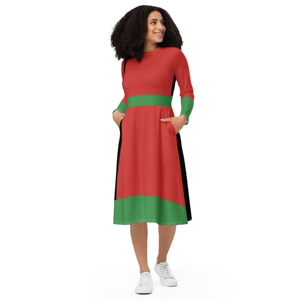 Womens Long Sleeve Midi Dress - Black Red Green Stripped 4-0