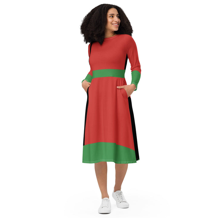Womens Long Sleeve Midi Dress - Black Red Green Stripped 4-0