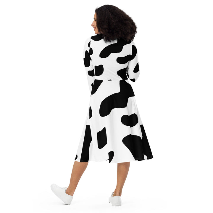 Womens Long Sleeve Midi Dress - Black White Cow Print-4