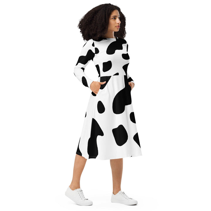 Womens Long Sleeve Midi Dress - Black White Cow Print-3