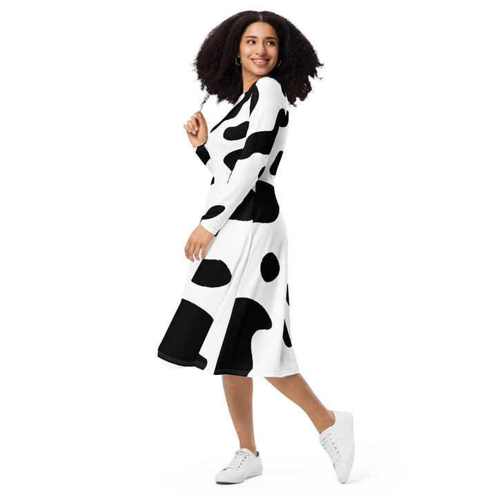 Womens Long Sleeve Midi Dress - Black White Cow Print-2