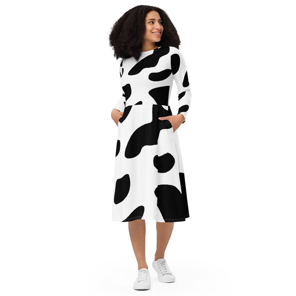 Womens Long Sleeve Midi Dress - Black White Cow Print-0
