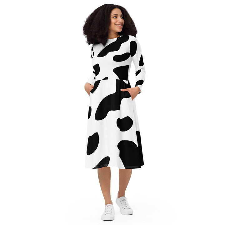 Womens Long Sleeve Midi Dress - Black White Cow Print-0