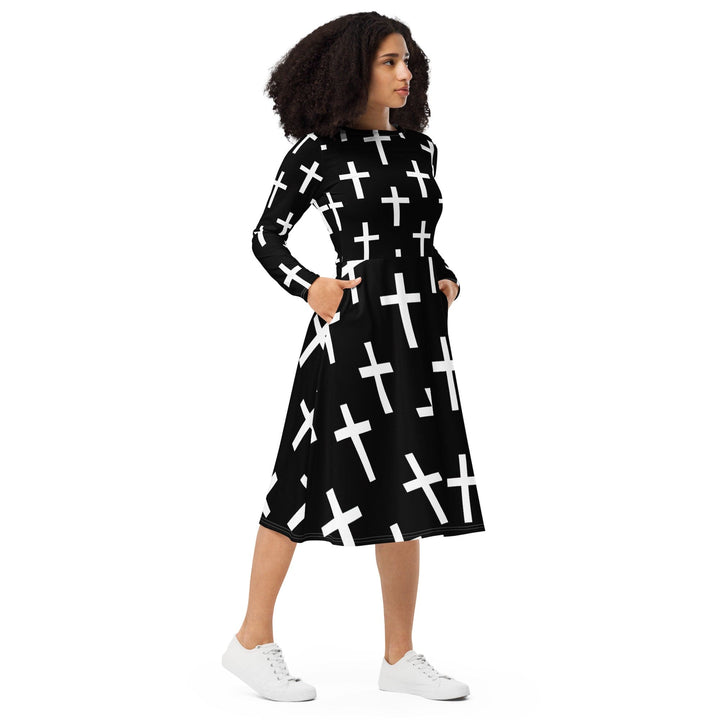 Womens Long Sleeve Midi Dress - Black White Cross Print-3