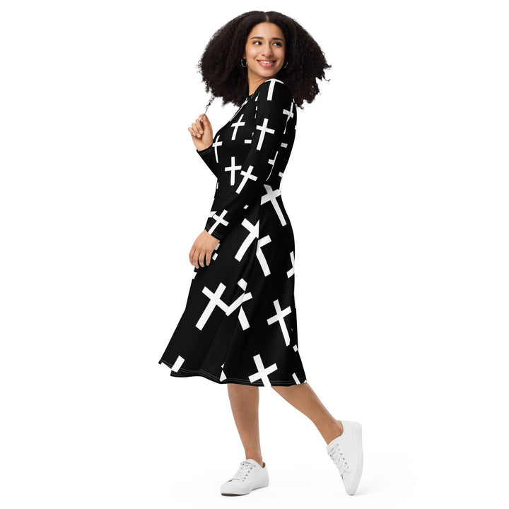 Womens Long Sleeve Midi Dress - Black White Cross Print-2