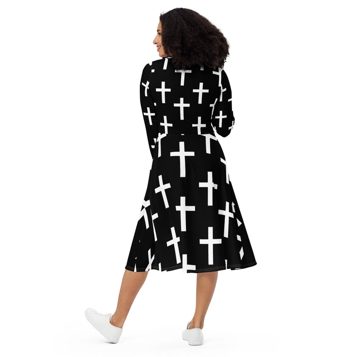 Womens Long Sleeve Midi Dress - Black White Cross Print-1