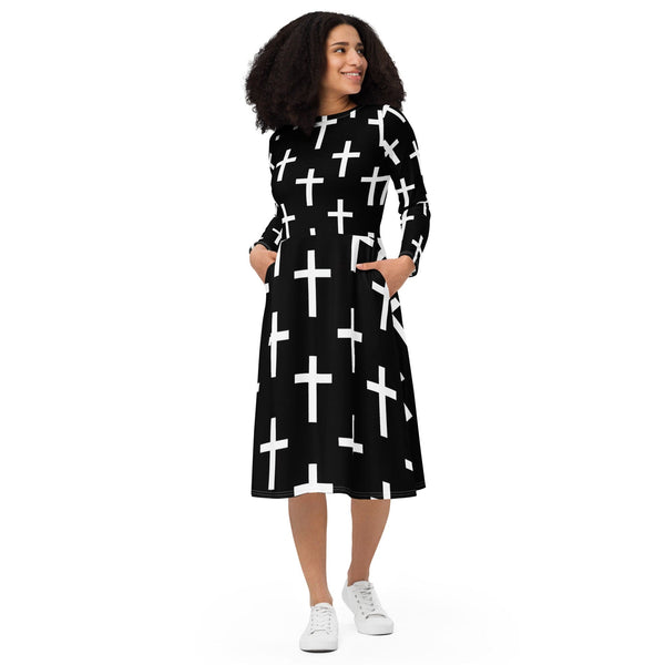 Womens Long Sleeve Midi Dress - Black White Cross Print-0