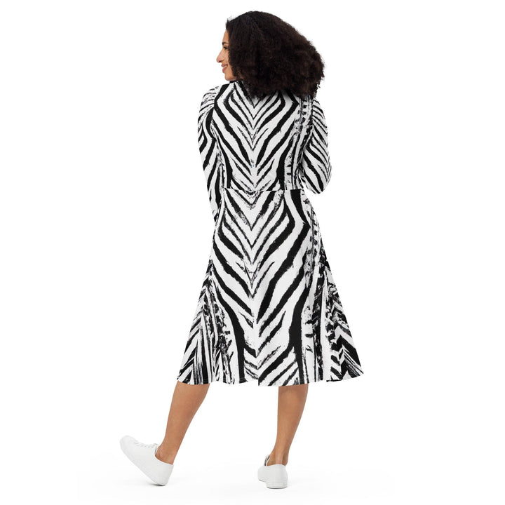 Womens Long Sleeve Midi Dress - Black White Native Print-1
